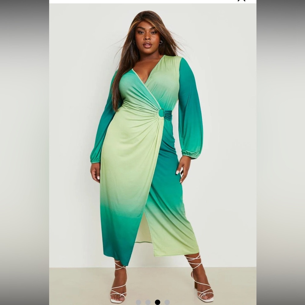 Boohoo Plus Green Ombre Wrap Long Sleeve Maxi Dress Size 16